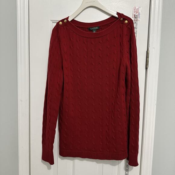 Ralph Lauren Logo Red Boat Neck Cable Knit Sweater Gold Buttons Women’s Size XL - Picture 3 of 9